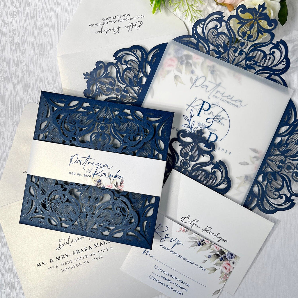 Navy Laser Cut Wedding Invitation, Blush Pink Flower Invites Cards and RSVP, Customized Vellum Wedding logo Wedding Ceremony Supplies Picky Bride 