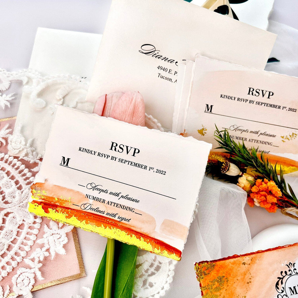 Orange Foil Gold Stamped Wedding Invitation, Handmade Deckle Edge Invitation Cards with Vellum Paper Wrap Wedding Ceremony Supplies Picky Bride 