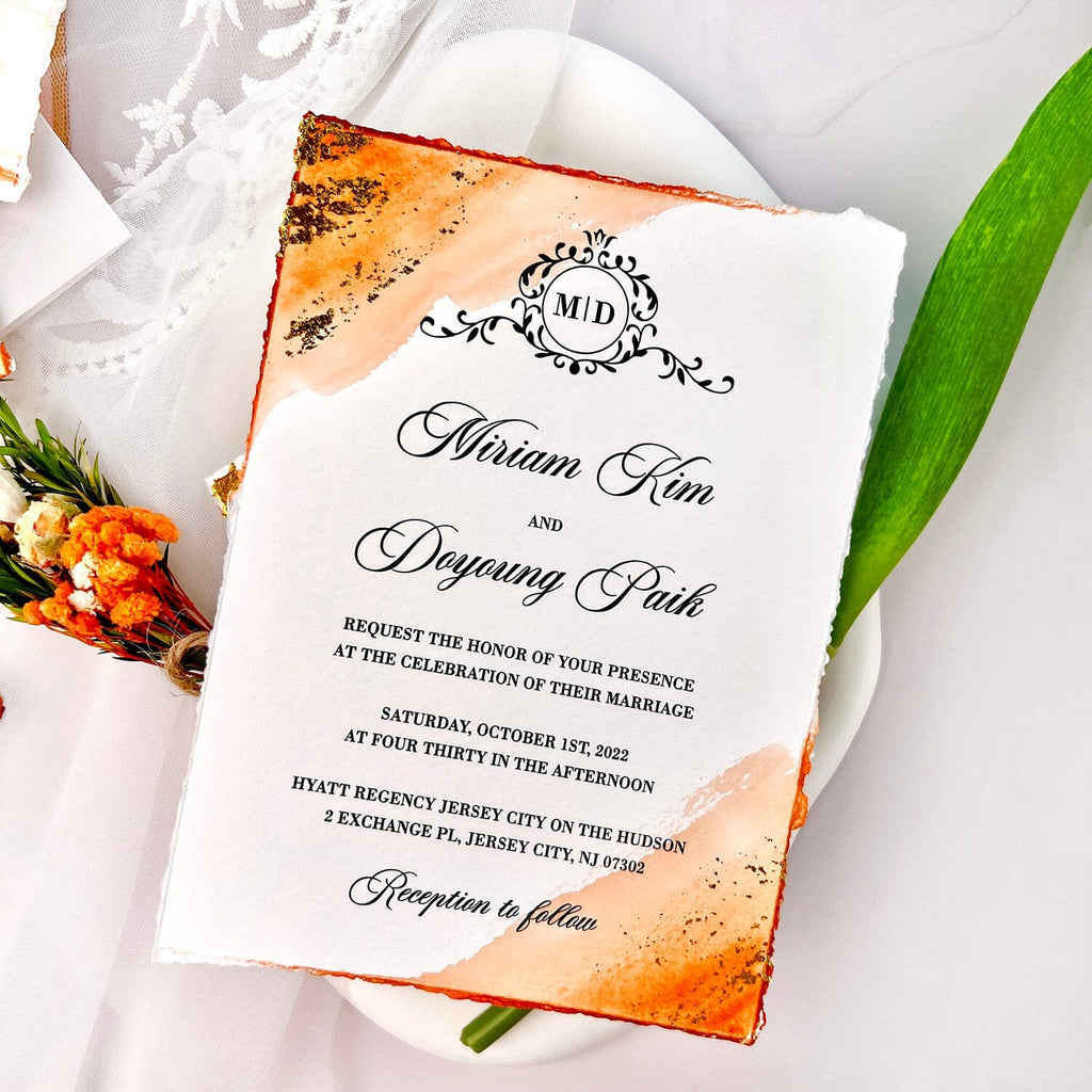 Orange Foil Gold Stamped Wedding Invitation, Handmade Deckle Edge Invitation Cards with Vellum Paper Wrap Wedding Ceremony Supplies Picky Bride 