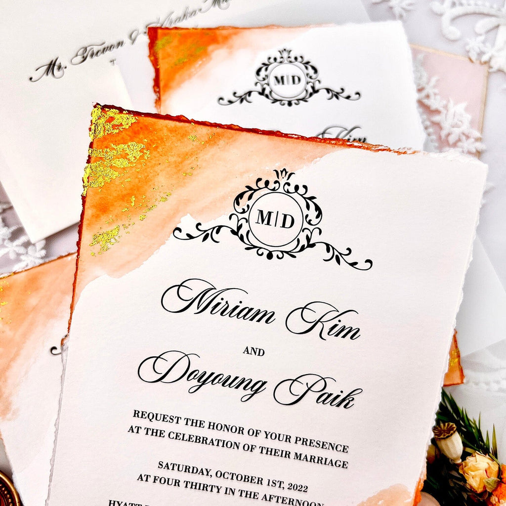 Orange Foil Gold Stamped Wedding Invitation, Handmade Deckle Edge Invitation Cards with Vellum Paper Wrap Wedding Ceremony Supplies Picky Bride Invitation 
