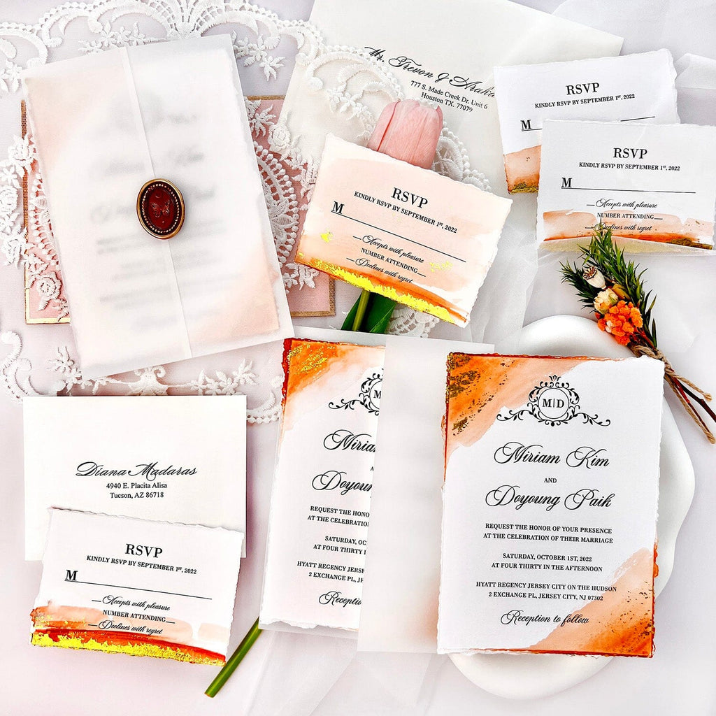 Orange Foil Gold Stamped Wedding Invitation, Handmade Deckle Edge Invitation Cards with Vellum Paper Wrap Wedding Ceremony Supplies Picky Bride Invitation + RSVP 