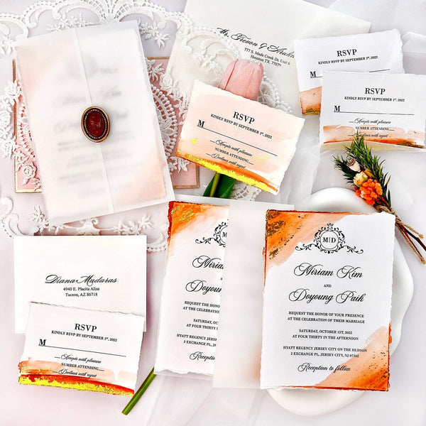 Orange Foil Gold Stamped Wedding Invitation, Handmade Deckle Edge Invitation Cards with Vellum Paper Wrap Wedding Ceremony Supplies Picky Bride Invitation + RSVP 