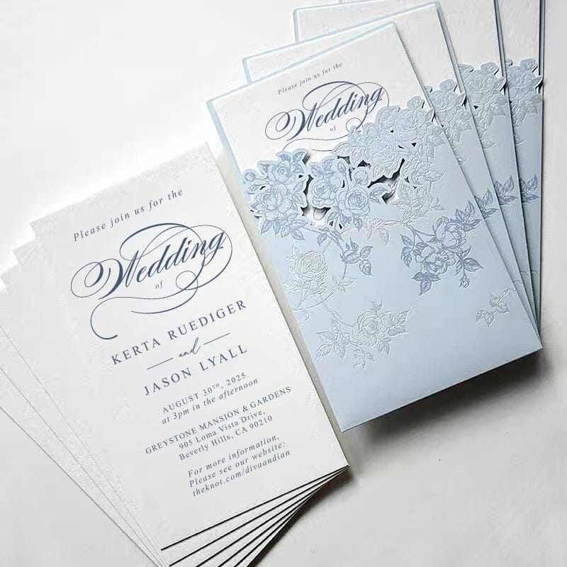 Pastel Blue Pocket Wedding Invitation, Elegant Laser Cut Floral Pocket, Customized Wedding Ceremony Supplies Picky Bride 