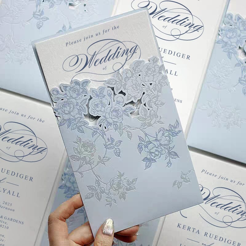 Pastel Blue Pocket Wedding Invitation, Elegant Laser Cut Floral Pocket, Customized Wedding Ceremony Supplies Picky Bride 