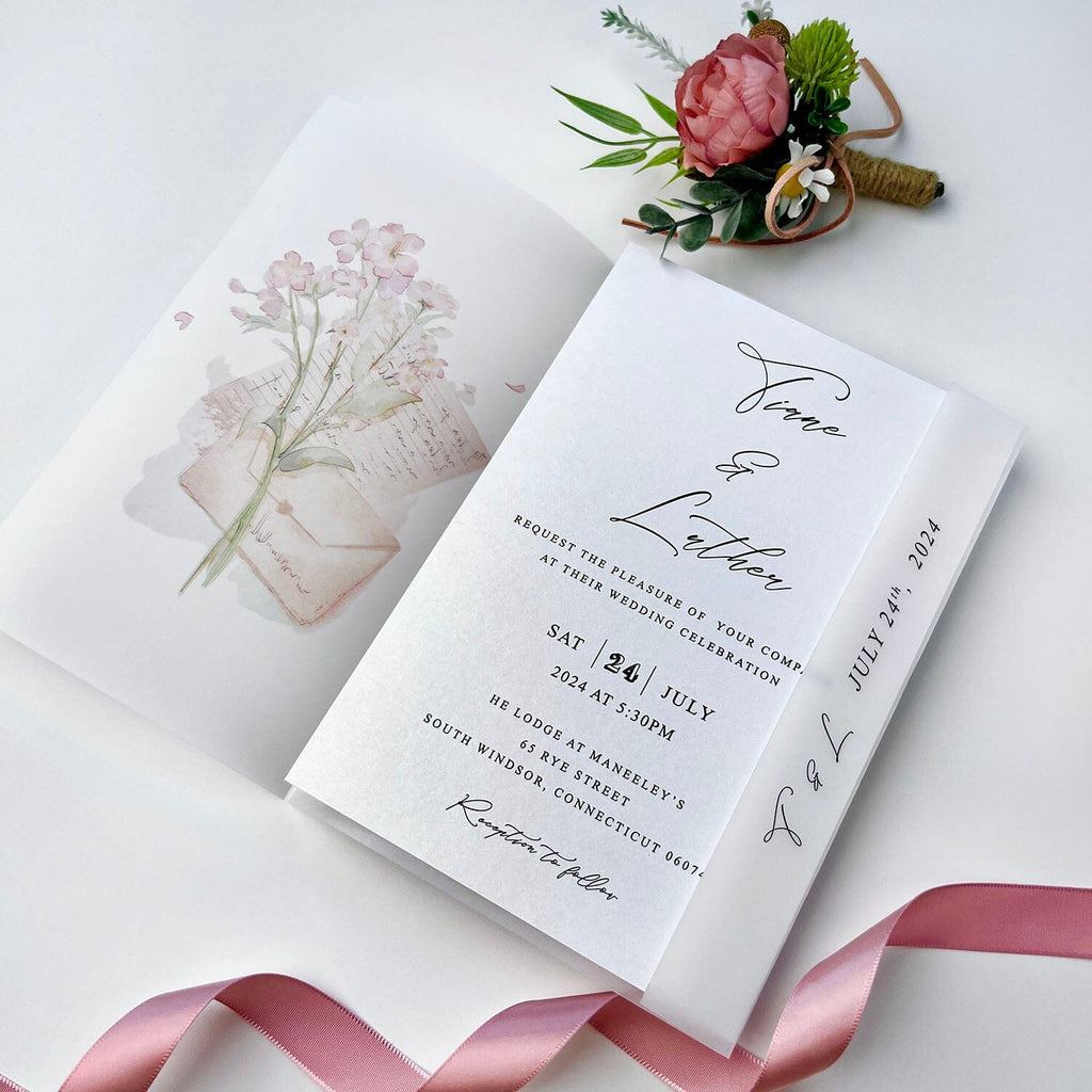 Pink Floral Vellum Wedding Invitations and Rose Pink Ribbon, Printed Flower Vellum Wrap for Wedding Invites Wedding Ceremony Supplies Picky Bride 