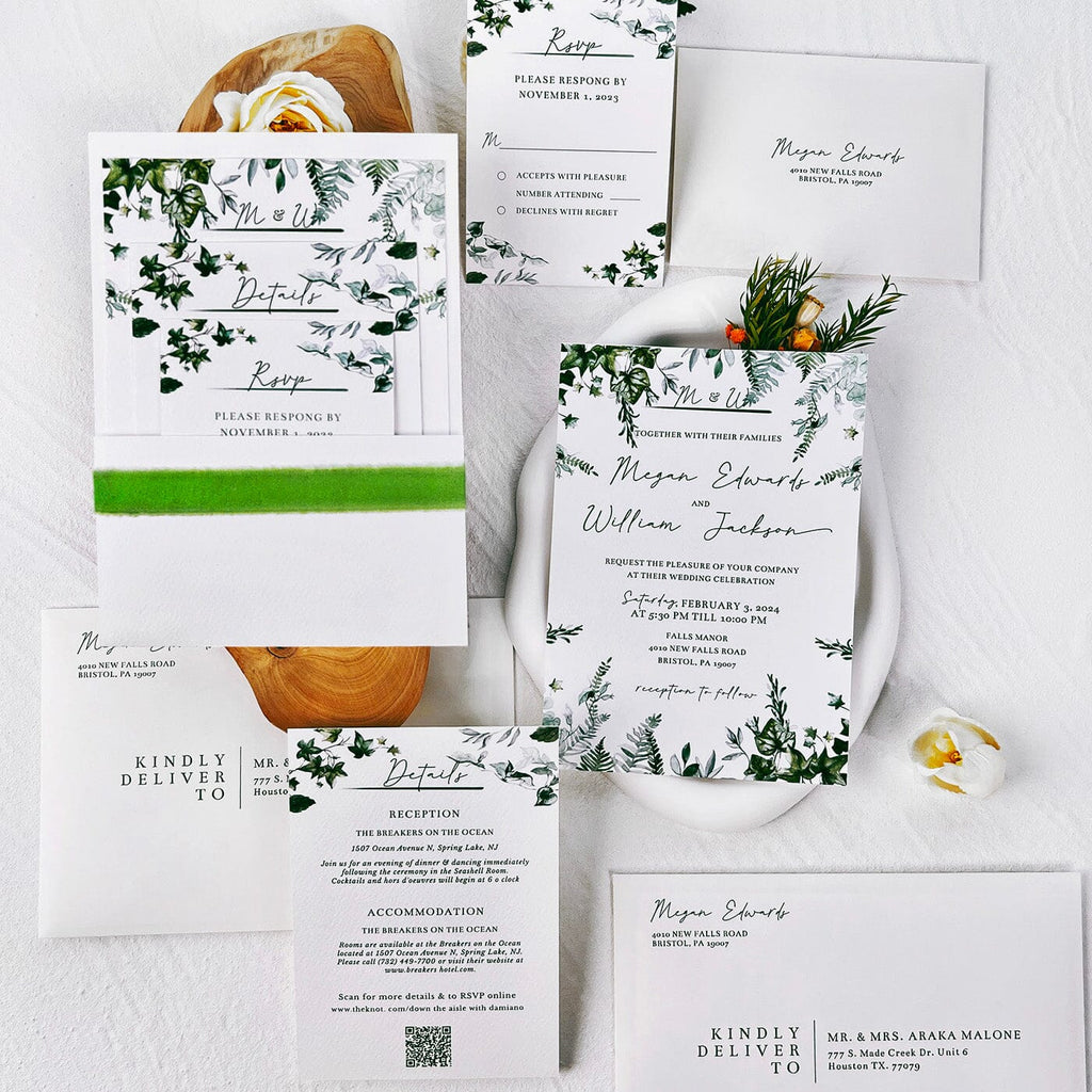 Pocket Green Botanical Wedding Invitation Suite, Greenery Invite Cards, Eucalyptus QR Code Invitations, Detail Cards Wedding Ceremony Supplies Picky Bride 