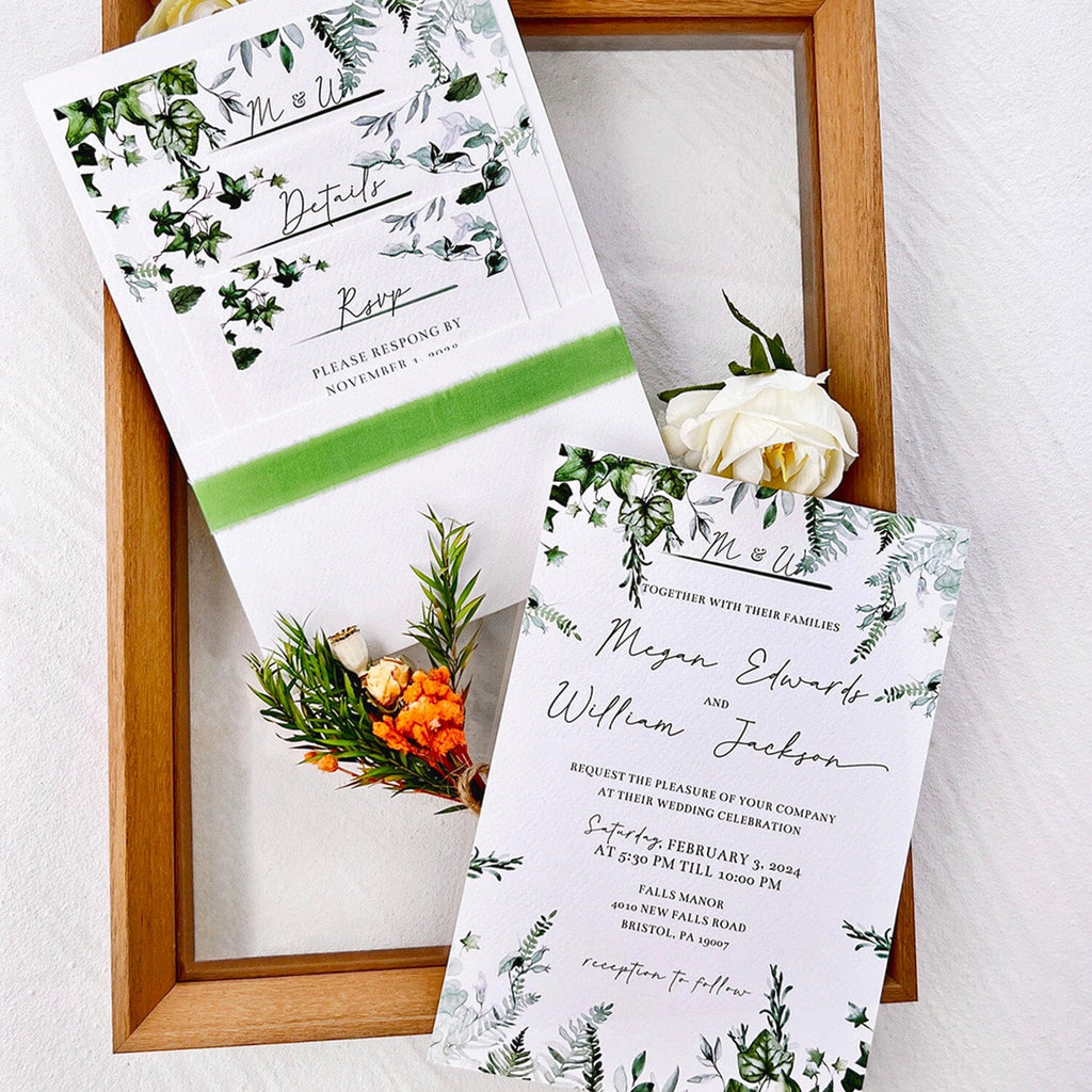 Pocket Green Botanical Wedding Invitation Suite, Greenery Invite Cards, Eucalyptus QR Code Invitations, Detail Cards Wedding Ceremony Supplies Picky Bride 