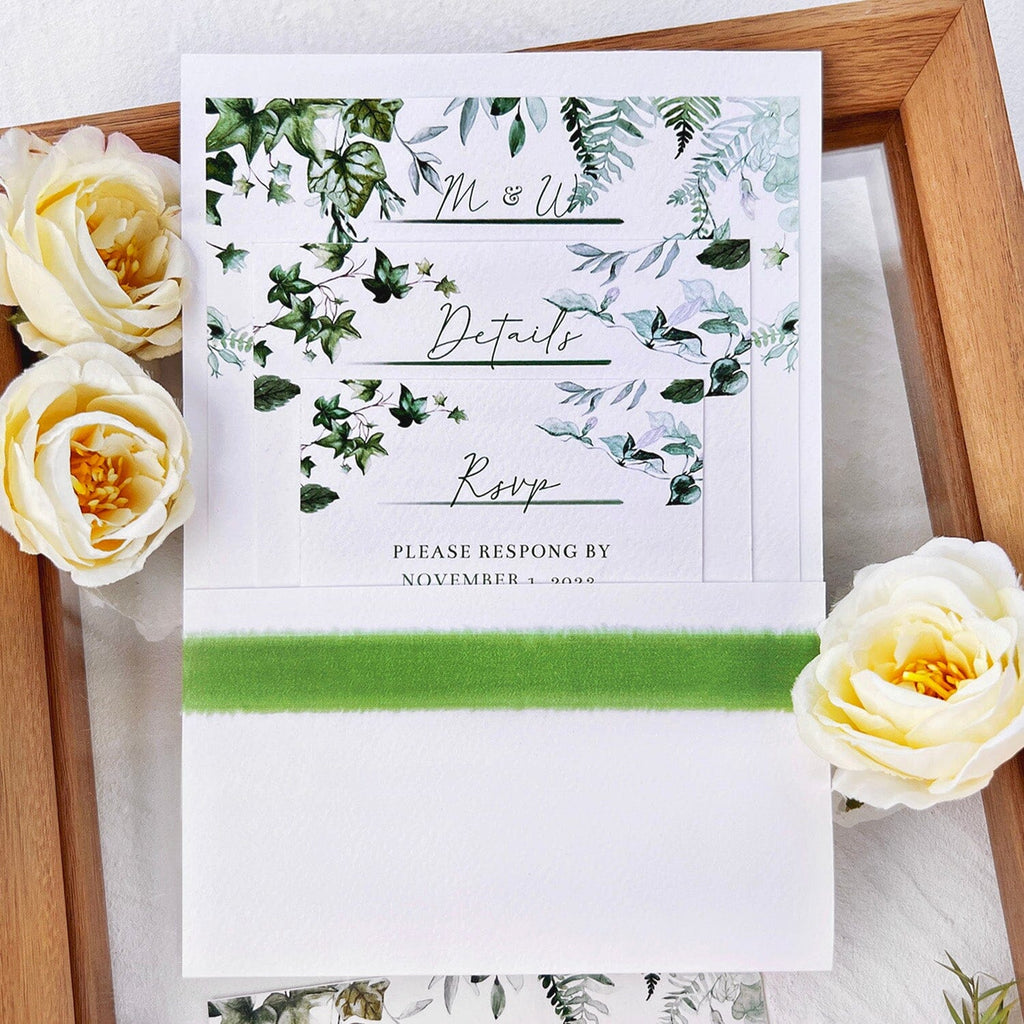 Pocket Green Botanical Wedding Invitation Suite, Greenery Invite Cards, Eucalyptus QR Code Invitations, Detail Cards Wedding Ceremony Supplies Picky Bride 