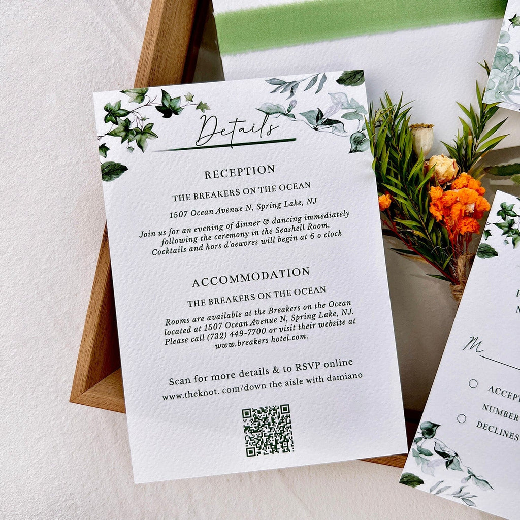 Pocket Green Botanical Wedding Invitation Suite, Greenery Invite Cards, Eucalyptus QR Code Invitations, Detail Cards Wedding Ceremony Supplies Picky Bride 