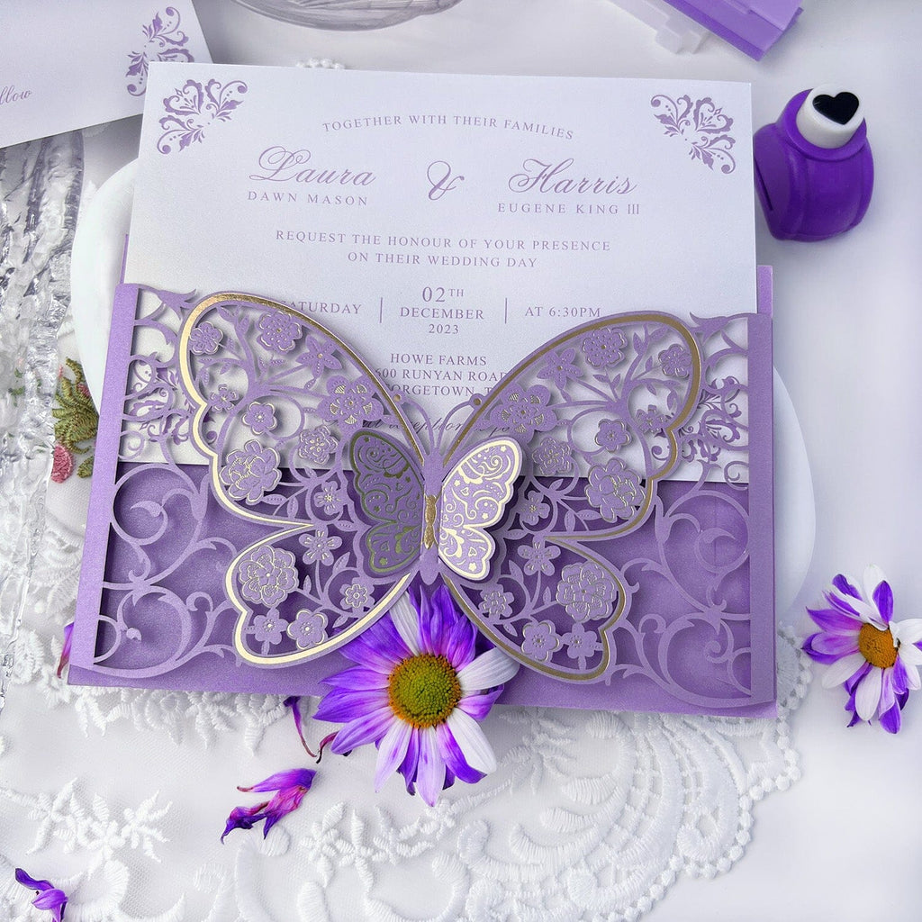 Purple 3D Butterfly Wedding Invitations, Lavender Gold Foil Invitation for Elegant Wedding, Personalized Wedding Card Wedding Ceremony Supplies Picky Bride 