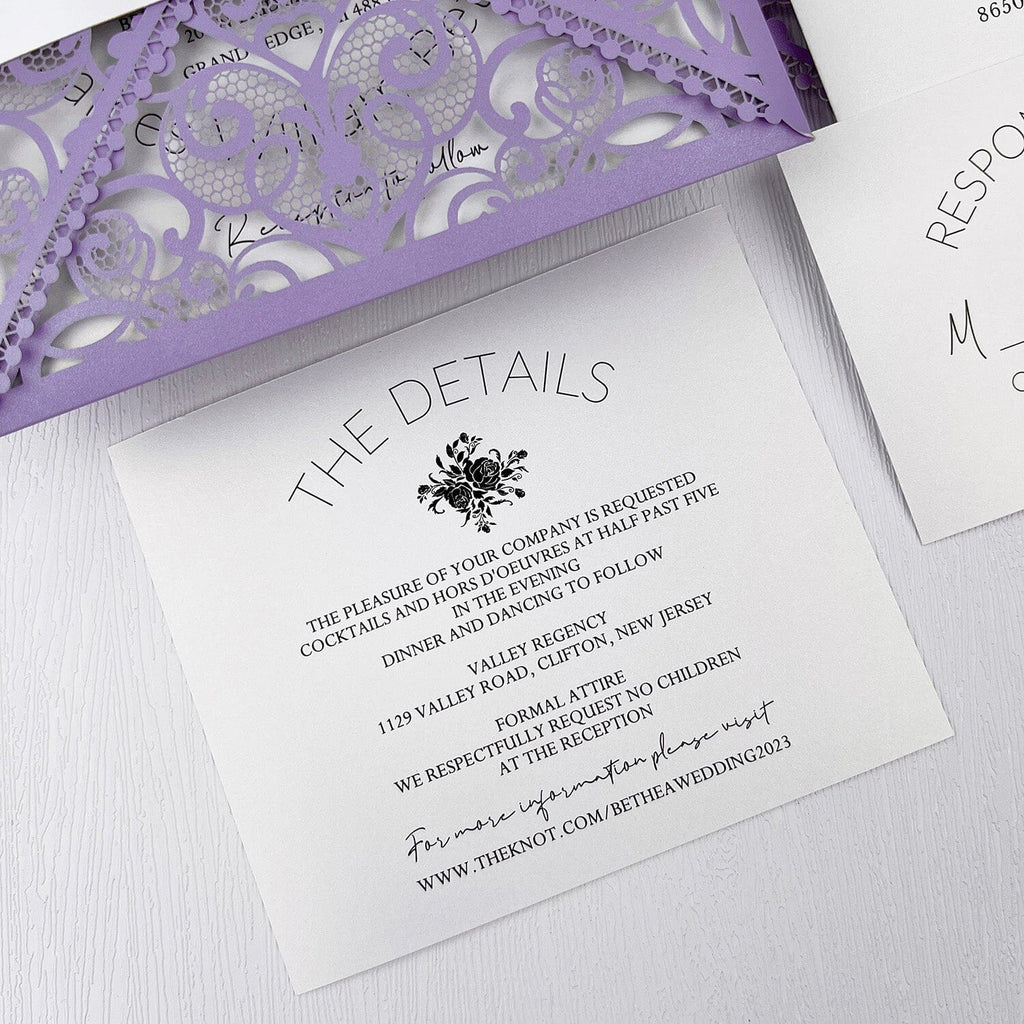 Purple and White Lace Wedding Invitation, Lavender Elegant Wedding Invite, Laser Cut Wedding Invitations and Floral Invites Wedding Ceremony Supplies Picky Bride 