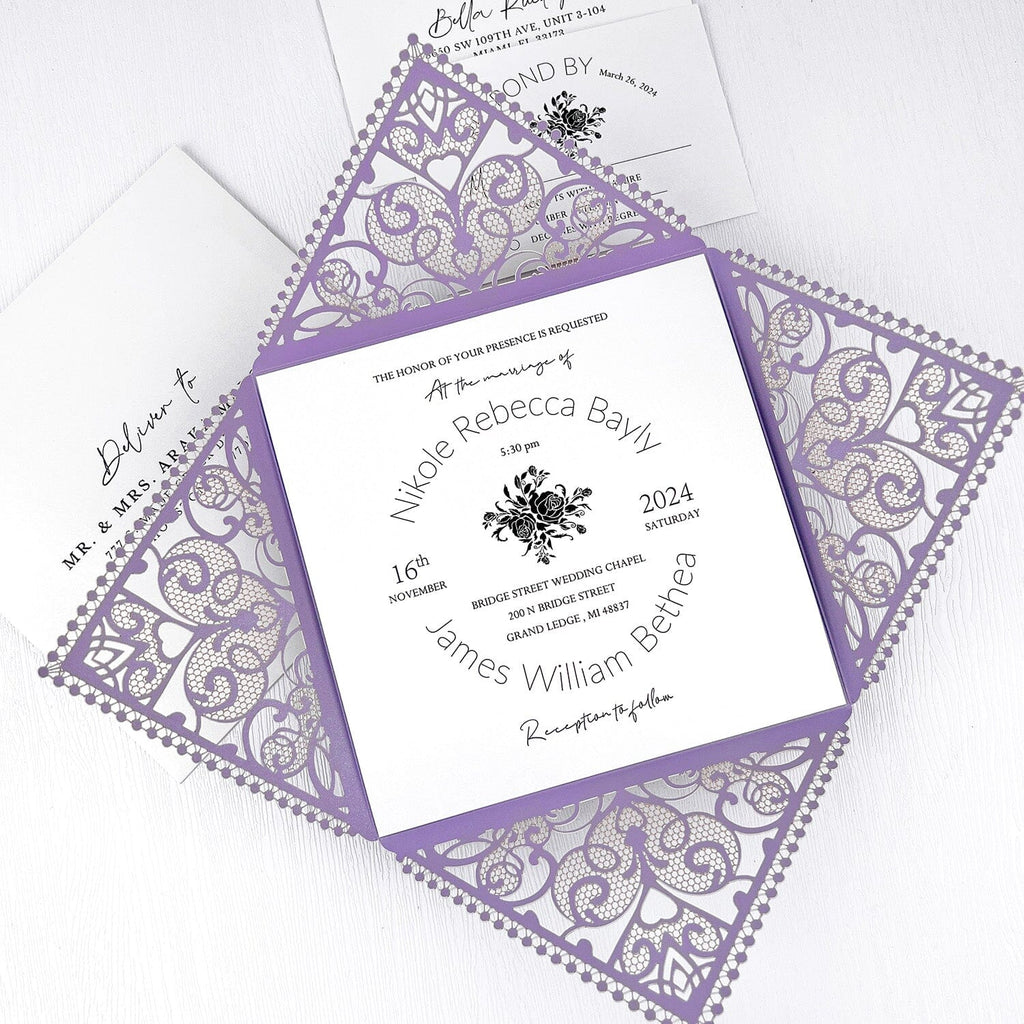 Purple and White Lace Wedding Invitation, Lavender Elegant Wedding Invite, Laser Cut Wedding Invitations and Floral Invites Wedding Ceremony Supplies Picky Bride 