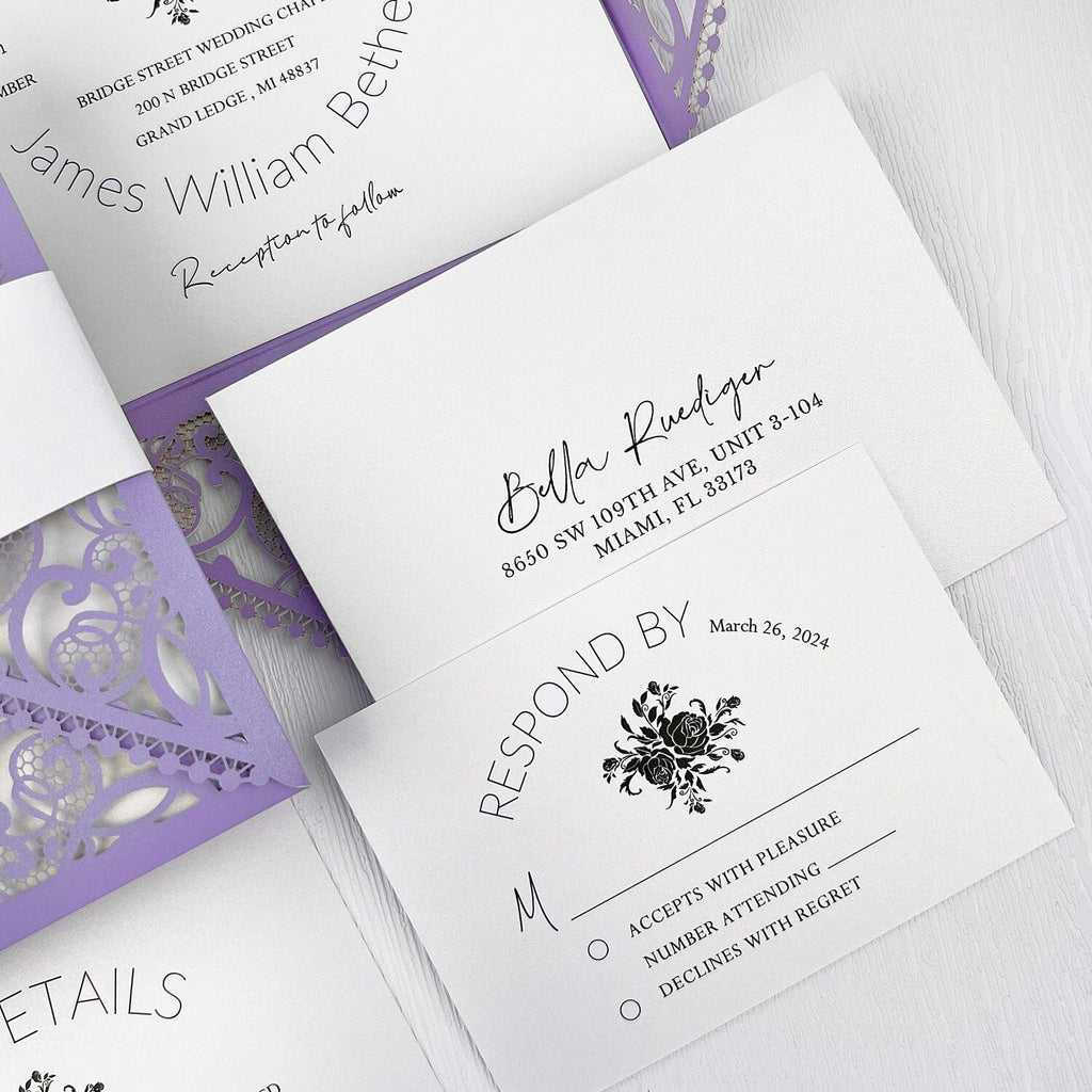 Purple and White Lace Wedding Invitation, Lavender Elegant Wedding Invite, Laser Cut Wedding Invitations and Floral Invites Wedding Ceremony Supplies Picky Bride 