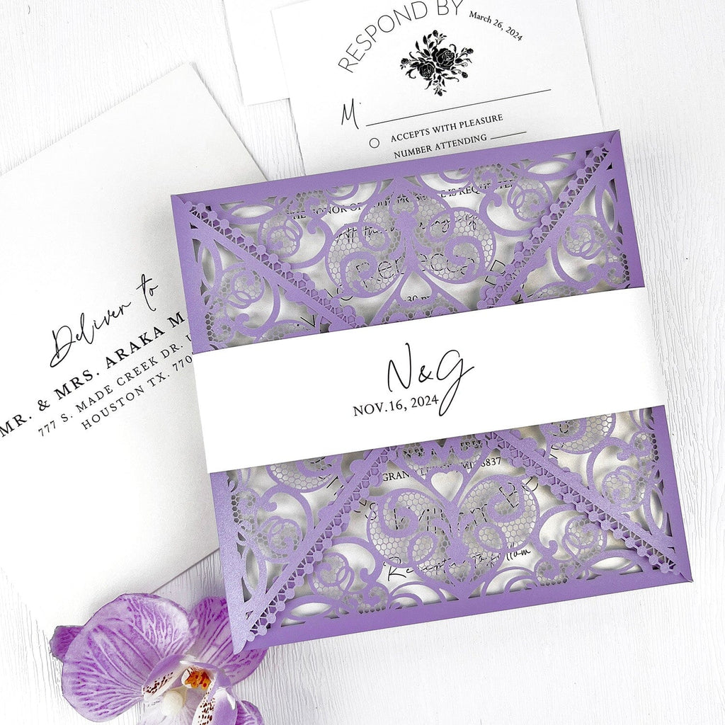 Purple and White Lace Wedding Invitation, Lavender Elegant Wedding Invite, Laser Cut Wedding Invitations and Floral Invites Wedding Ceremony Supplies Picky Bride 