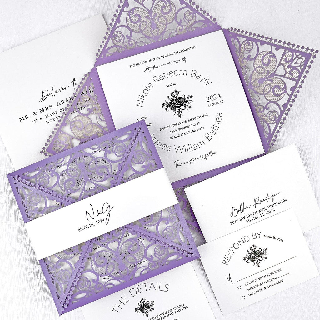 Purple and White Lace Wedding Invitation, Lavender Elegant Wedding Invite, Laser Cut Wedding Invitations and Floral Invites Wedding Ceremony Supplies Picky Bride Invitation + RSVP($0.6) 