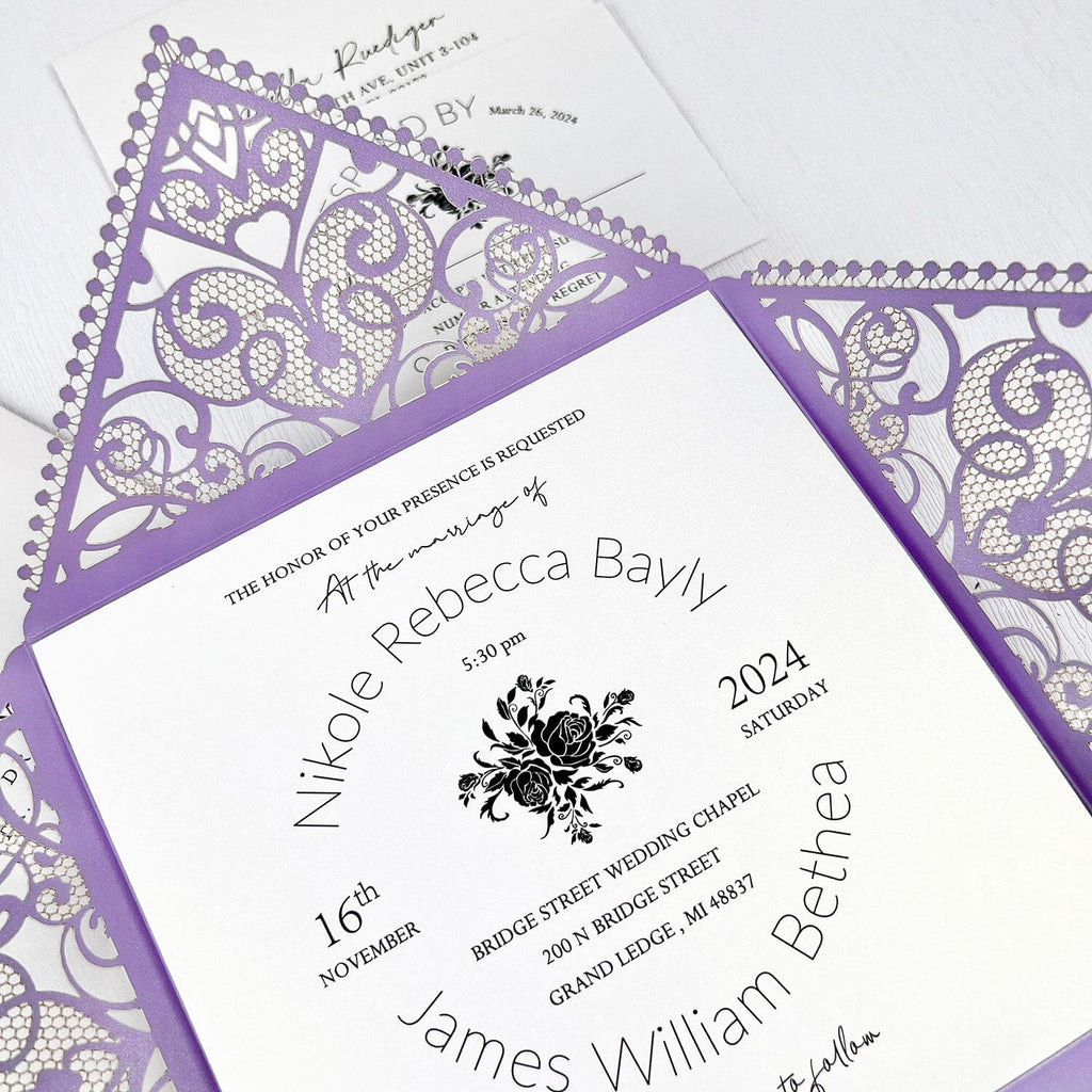 Purple and White Lace Wedding Invitation, Lavender Elegant Wedding Invite, Laser Cut Wedding Invitations and Floral Invites Wedding Ceremony Supplies Picky Bride Invitation 