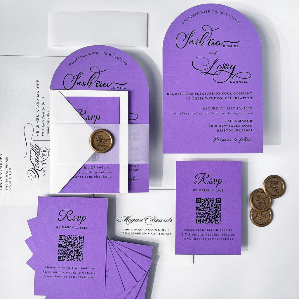 Purple Arch Wedding Invitation Elegant, Lavender Wedding Invite Cards with Gold Wax Seal, Modern Arched Wedding Invitations and RSVP Cards Wedding Ceremony Supplies Picky Bride 