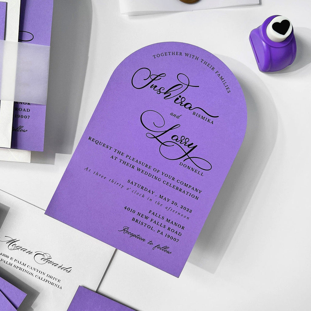 Arch Wedding Invitation | Minimalist Suite with White Ink and Vellum Band