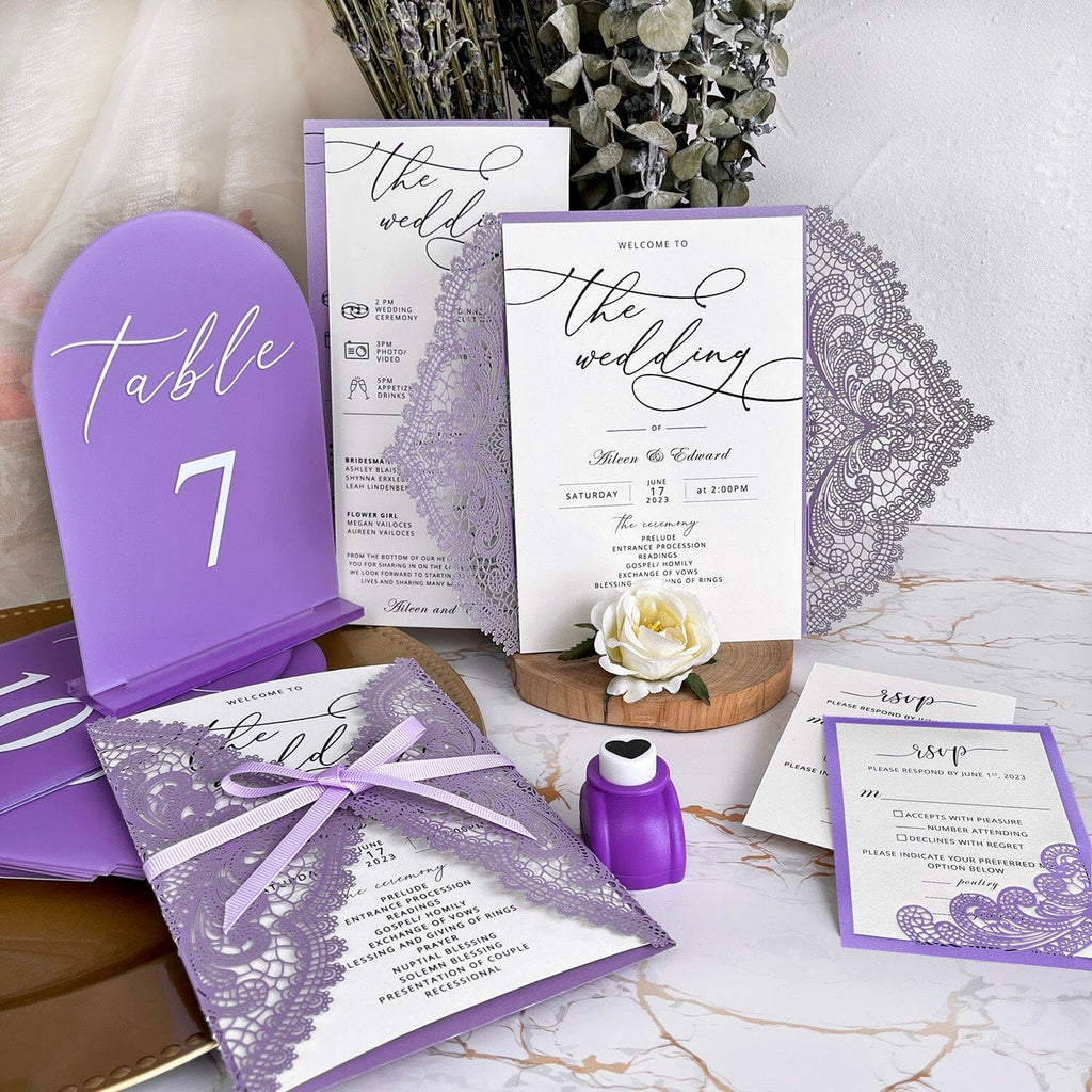 Purple Lace Wedding Invitation Bundle, Lavender Invitations Card for Romantic Wedding, Custom Elegant Lilac Wedding Ceremony Program Wedding Ceremony Supplies Picky Bride 