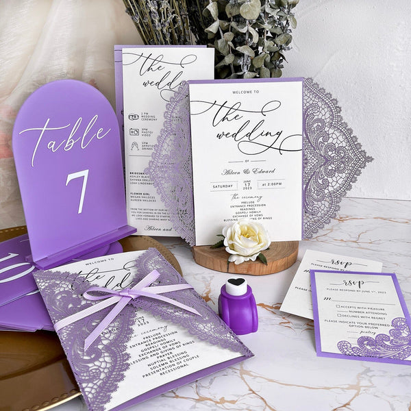 Purple Lace Wedding Invitation Bundle, Lavender Invitations Card for Romantic Wedding, Custom Elegant Lilac Wedding Ceremony Program Wedding Ceremony Supplies Picky Bride 