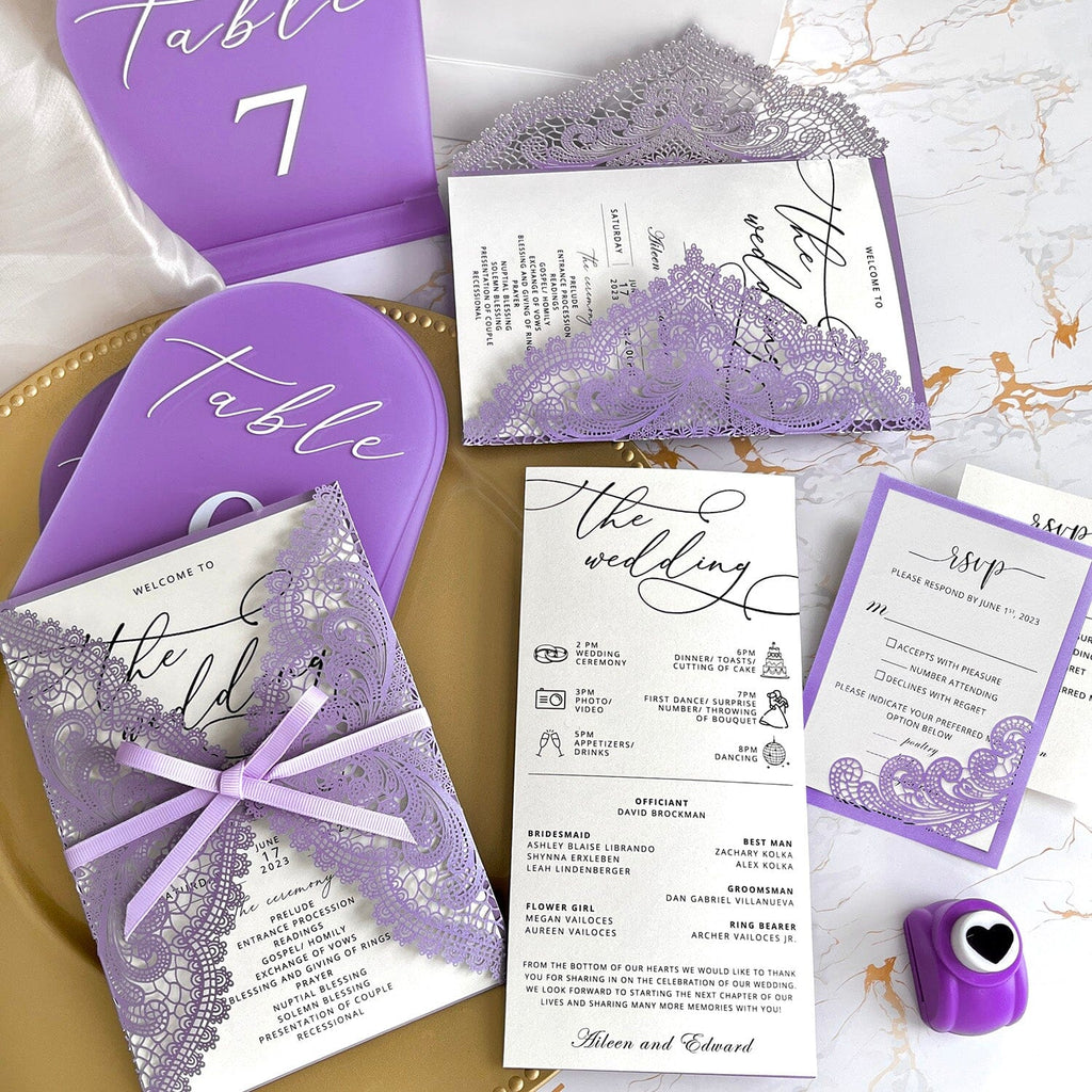Purple Lace Wedding Invitation Bundle, Lavender Invitations Card for Romantic Wedding, Custom Elegant Lilac Wedding Ceremony Program Wedding Ceremony Supplies Picky Bride 