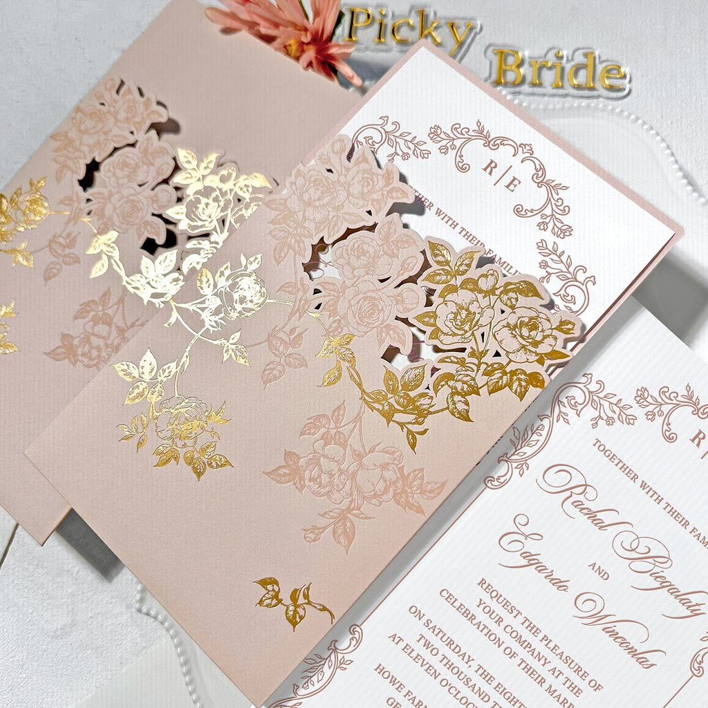Romantic Blush Pink and Gold Floral Wedding Invitations, Elegant Rose Laser Cut Pockets Invites, Botanical Frame Handmade Paper Invitation with QR Code RSVP Wedding Ceremony Supplies Picky Bride 