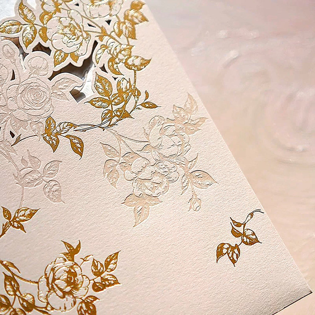 Romantic Blush Pink and Gold Floral Wedding Invitations, Elegant Rose Laser Cut Pockets Invites, Botanical Frame Handmade Paper Invitation with QR Code RSVP Wedding Ceremony Supplies Picky Bride 