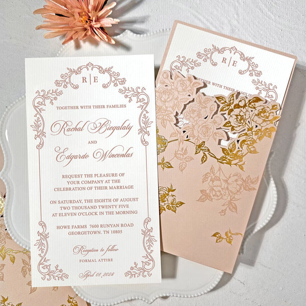 Romantic Blush Pink and Gold Floral Wedding Invitations, Elegant Rose Laser Cut Pockets Invites, Botanical Frame Handmade Paper Invitation with QR Code RSVP Wedding Ceremony Supplies Picky Bride 