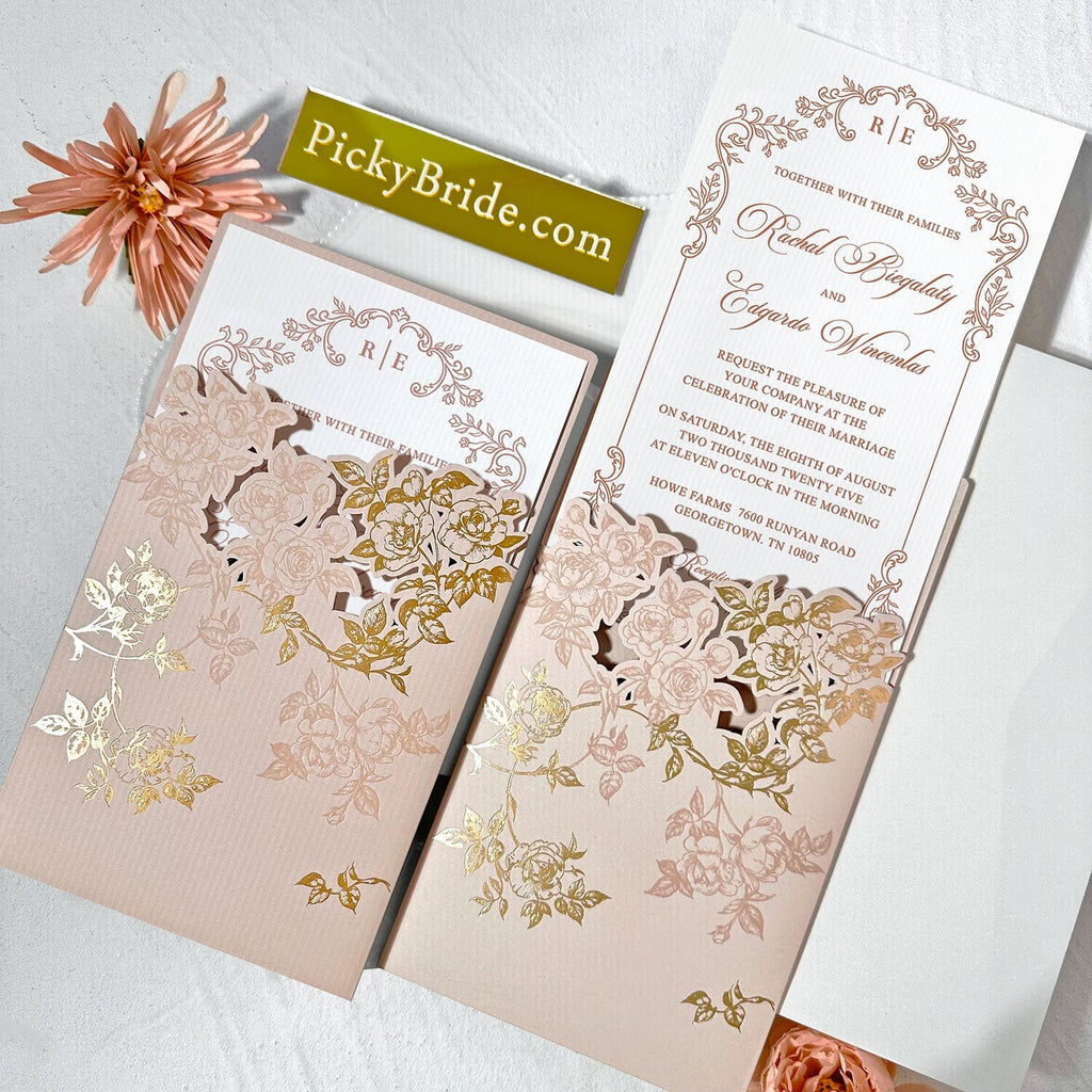 Romantic Blush Pink and Gold Floral Wedding Invitations, Elegant Rose Laser Cut Pockets Invites, Botanical Frame Handmade Paper Invitation with QR Code RSVP Wedding Ceremony Supplies Picky Bride 