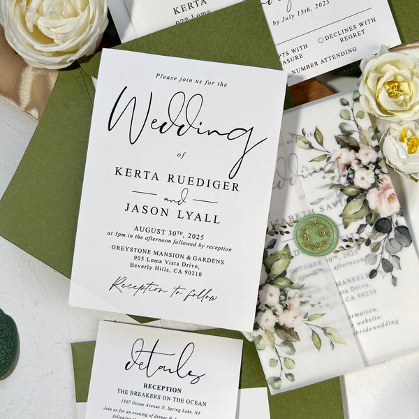 Romantic Floral Vellum Jacket Wedding Invitations, Elegant Spring Botanical Invites with Envelopes Addressing, Customized Gold Foil and Green Wax Seal, QR Code Details Wedding Ceremony Supplies Picky Bride 