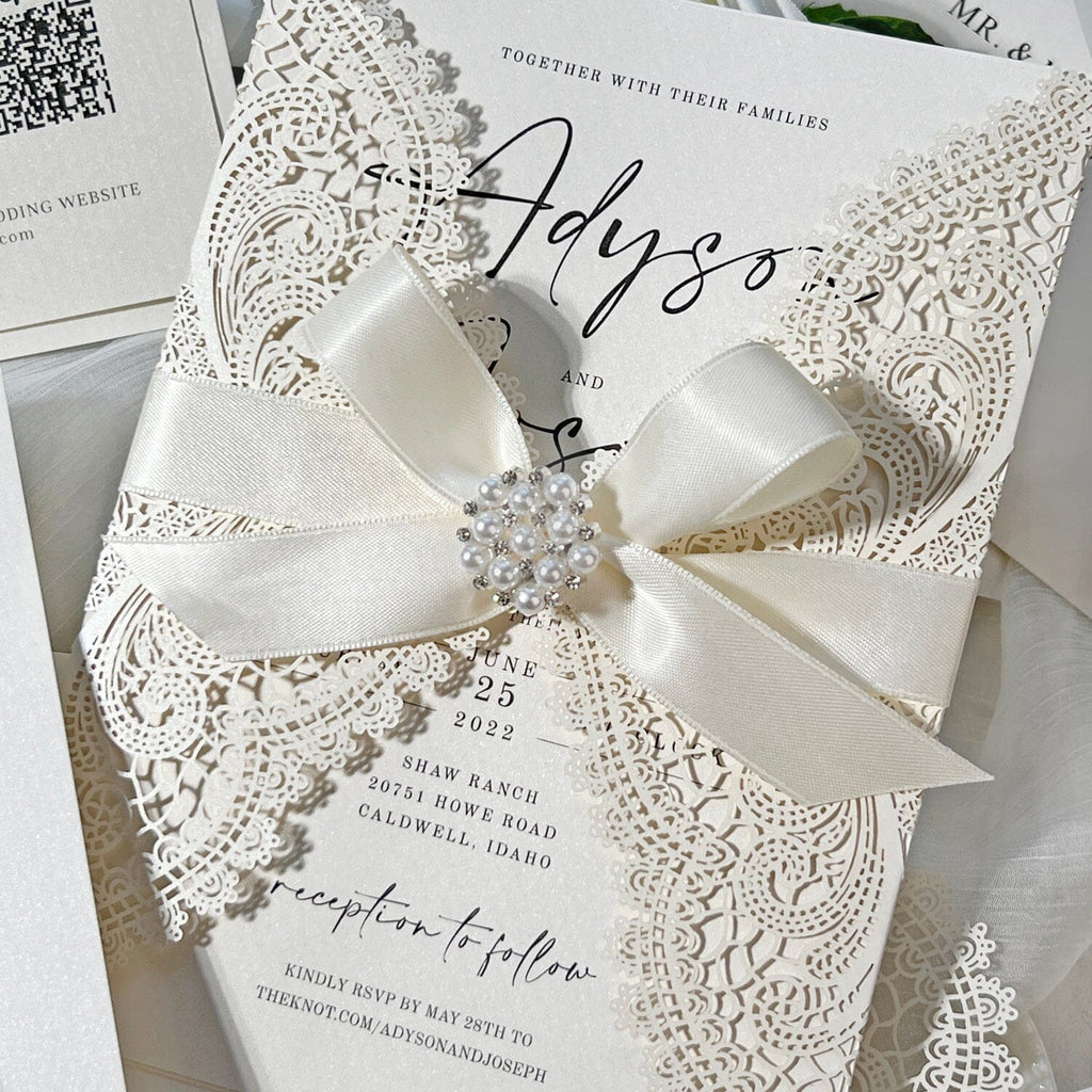 Romantic Lace and Pearl White Wedding Invitation, Elegant Laser Cut Invites with Diamante Brooch Bow, Personalized QR Code RSVP Wedding Ceremony Supplies Picky Bride 