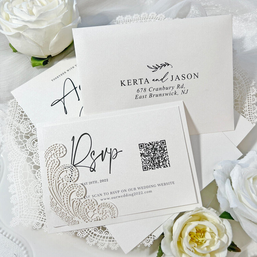 Romantic Lace and Pearl White Wedding Invitation, Elegant Laser Cut Invites with Diamante Brooch Bow, Personalized QR Code RSVP Wedding Ceremony Supplies Picky Bride 