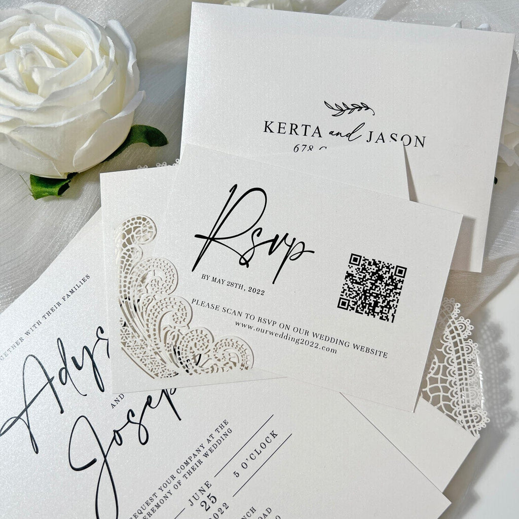 Romantic Lace and Pearl White Wedding Invitation, Elegant Laser Cut Invites with Diamante Brooch Bow, Personalized QR Code RSVP Wedding Ceremony Supplies Picky Bride 
