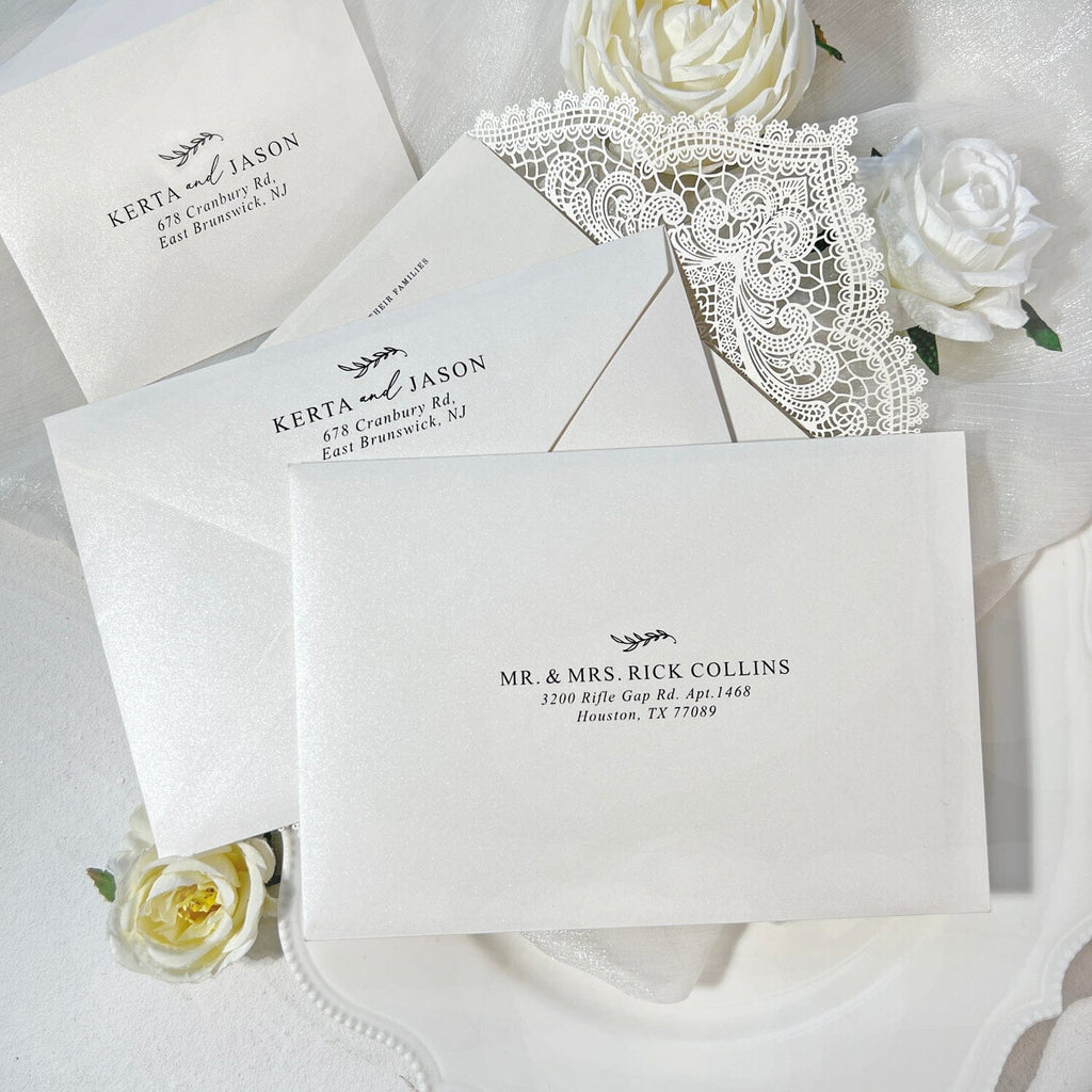 Romantic Lace and Pearl White Wedding Invitation, Elegant Laser Cut Invites with Diamante Brooch Bow, Personalized QR Code RSVP Wedding Ceremony Supplies Picky Bride 