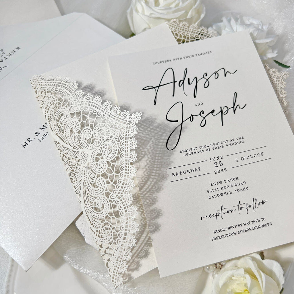 Romantic Lace and Pearl White Wedding Invitation, Elegant Laser Cut Invites with Diamante Brooch Bow, Personalized QR Code RSVP Wedding Ceremony Supplies Picky Bride 