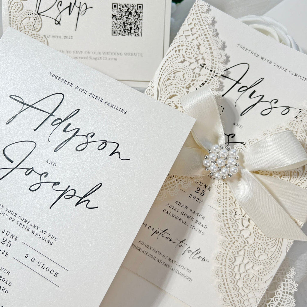 Romantic Lace and Pearl White Wedding Invitation, Elegant Laser Cut Invites with Diamante Brooch Bow, Personalized QR Code RSVP Wedding Ceremony Supplies Picky Bride 