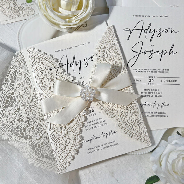 Romantic Lace and Pearl White Wedding Invitation, Elegant Laser Cut Invites with Diamante Brooch Bow, Personalized QR Code RSVP Wedding Ceremony Supplies Picky Bride 