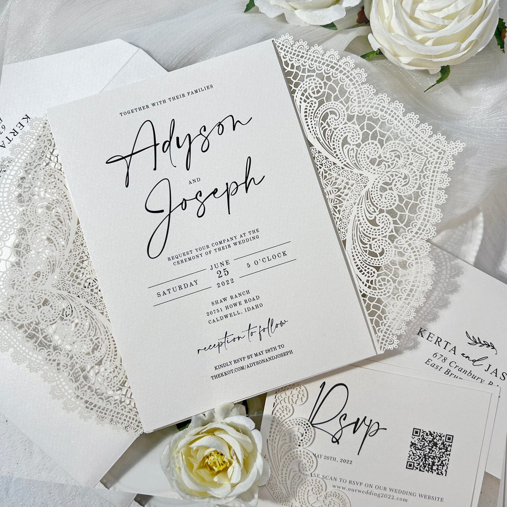 Romantic Lace and Pearl White Wedding Invitation, Elegant Laser Cut Invites with Diamante Brooch Bow, Personalized QR Code RSVP Wedding Ceremony Supplies Picky Bride 