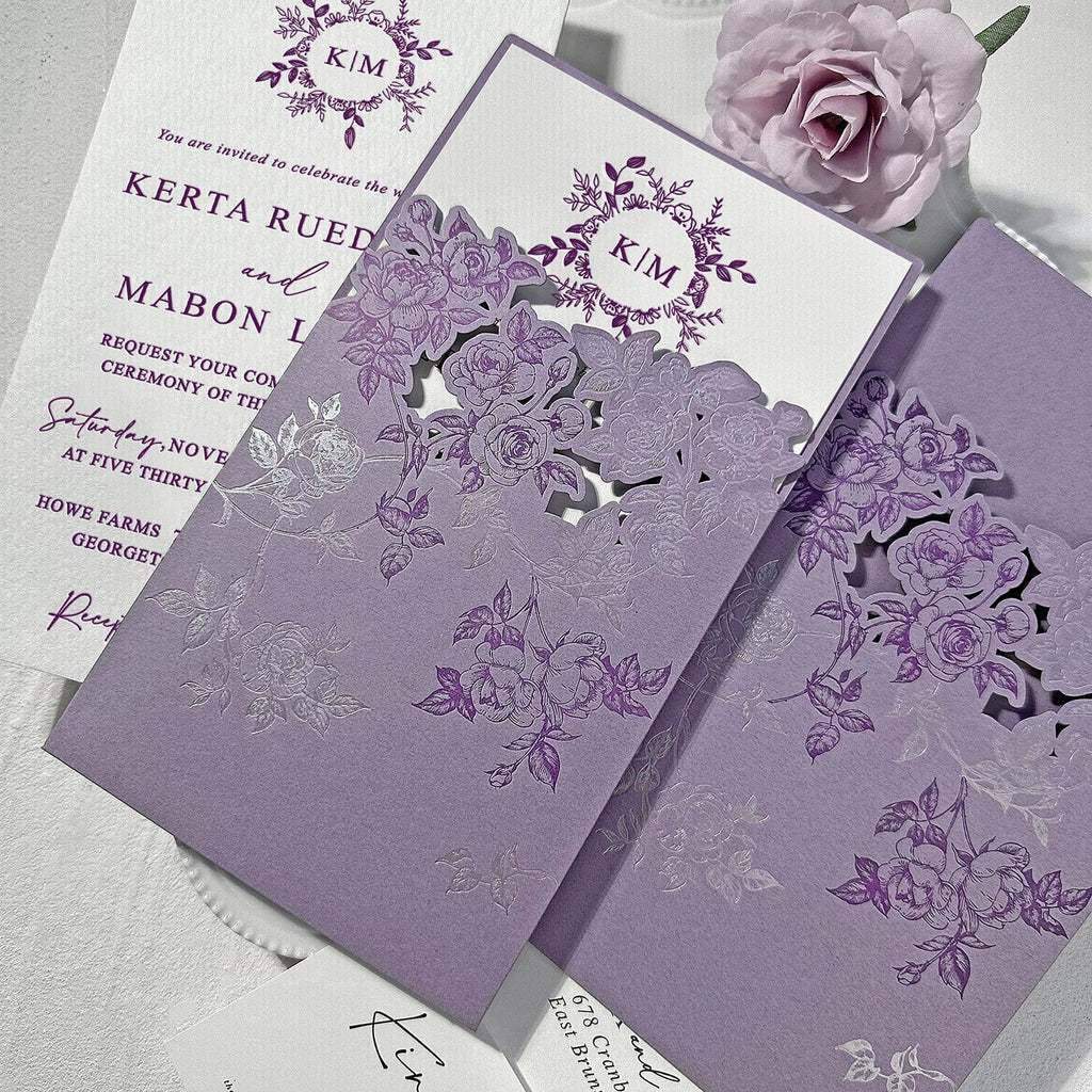 Romantic Lavender and Floral Silver Foil Wedding Invitations, Elegant Purple and Silver Rose Pocket Invites, Personalized Handmade Paper Invitation with QR Code RSVP Wedding Ceremony Supplies Picky Bride 