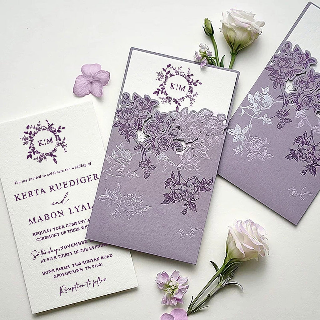Romantic Lavender and Floral Silver Foil Wedding Invitations, Elegant Purple and Silver Rose Pocket Invites, Personalized Handmade Paper Invitation with QR Code RSVP Wedding Ceremony Supplies Picky Bride 