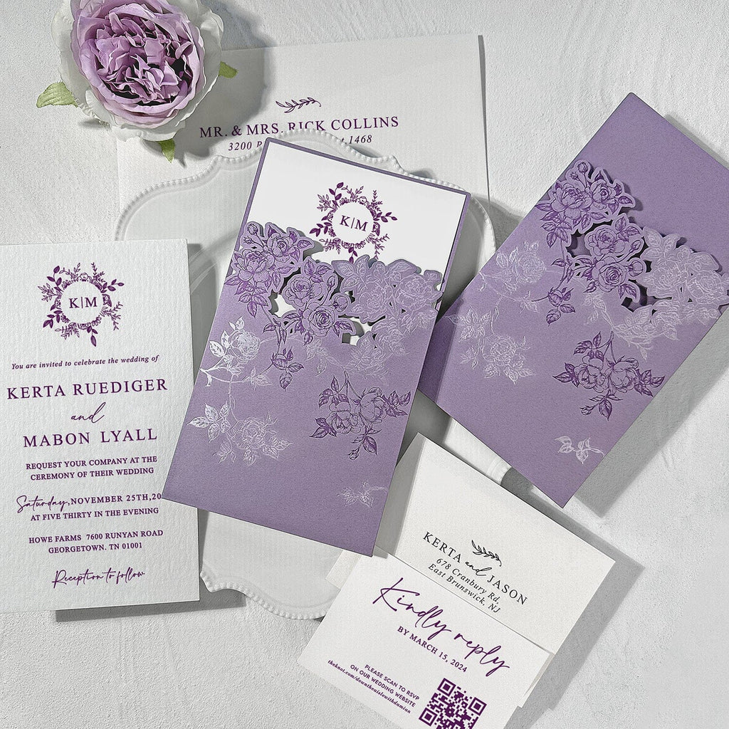 Romantic Lavender and Floral Silver Foil Wedding Invitations, Elegant Purple and Silver Rose Pocket Invites, Personalized Handmade Paper Invitation with QR Code RSVP Wedding Ceremony Supplies Picky Bride 