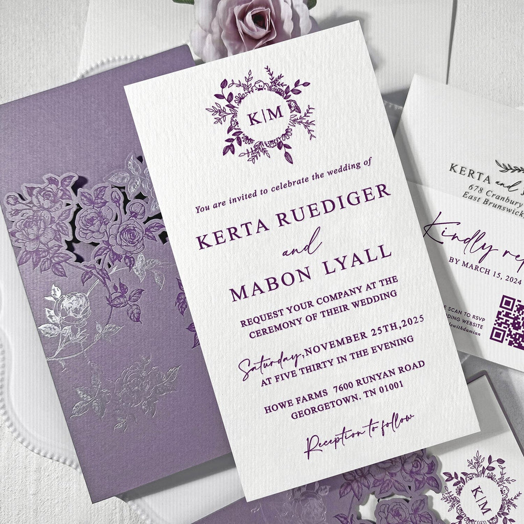 Romantic Lavender and Floral Silver Foil Wedding Invitations, Elegant Purple and Silver Rose Pocket Invites, Personalized Handmade Paper Invitation with QR Code RSVP Wedding Ceremony Supplies Picky Bride 