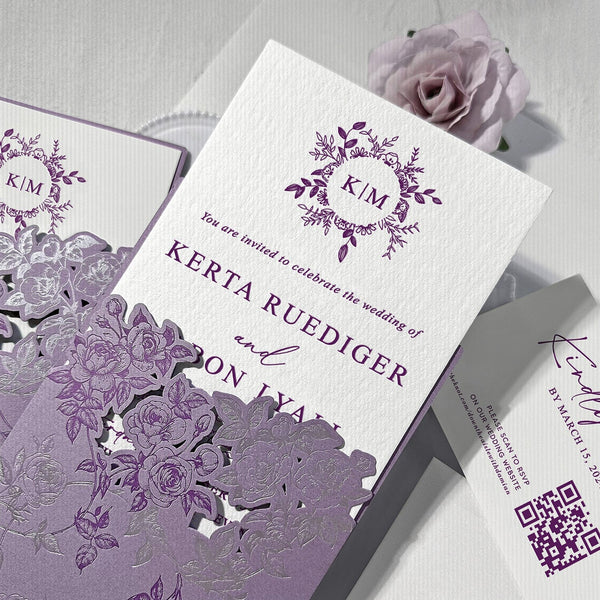 Romantic Lavender and Floral Silver Foil Wedding Invitations, Elegant Purple and Silver Rose Pocket Invites, Personalized Handmade Paper Invitation with QR Code RSVP Wedding Ceremony Supplies Picky Bride 