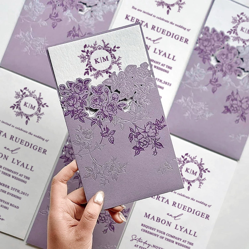 Romantic Lavender and Floral Silver Foil Wedding Invitations, Elegant Purple and Silver Rose Pocket Invites, Personalized Handmade Paper Invitation with QR Code RSVP Wedding Ceremony Supplies Picky Bride 