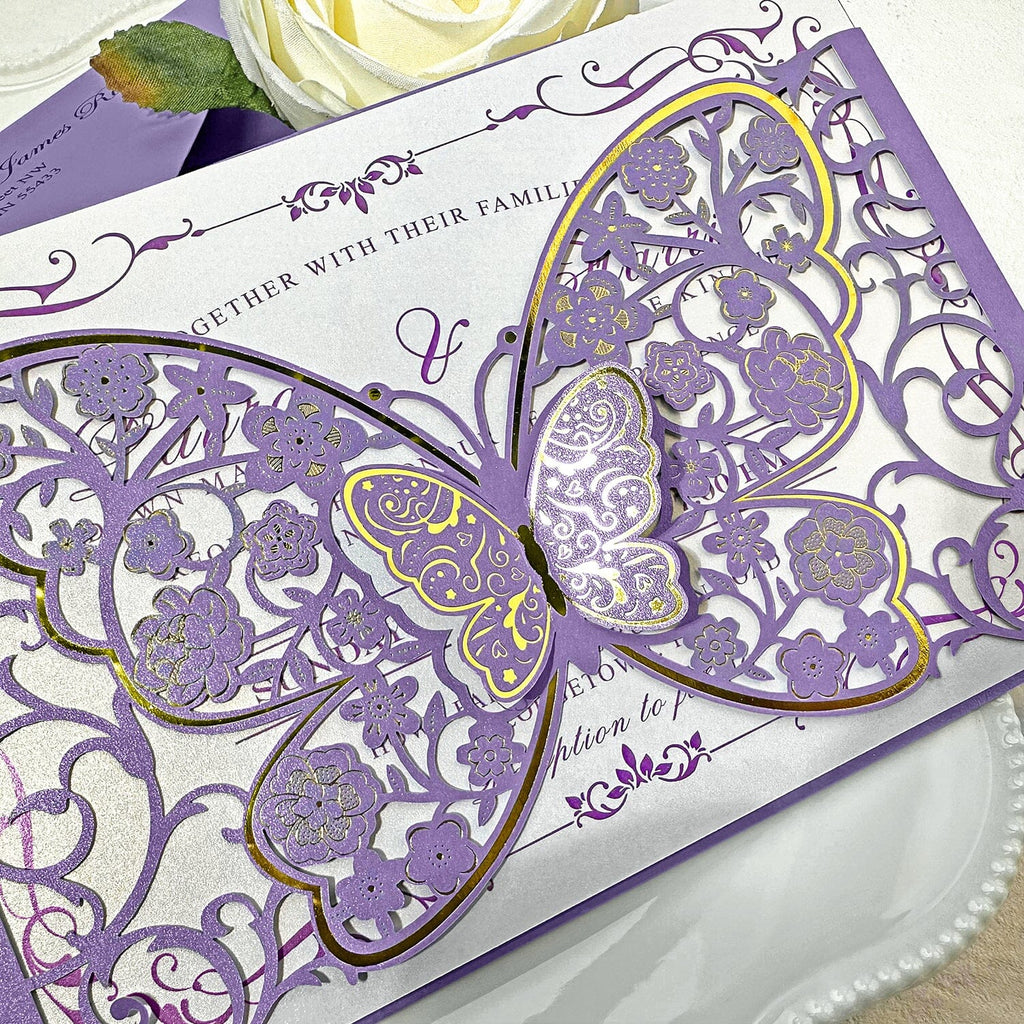 Romantic Lavender and Gold Butterfly Wedding Invitations, Elegant 3D Purple Floral Butterflies Pocket Invites, Personalized QR Code RSVP Wedding Ceremony Supplies Picky Bride 