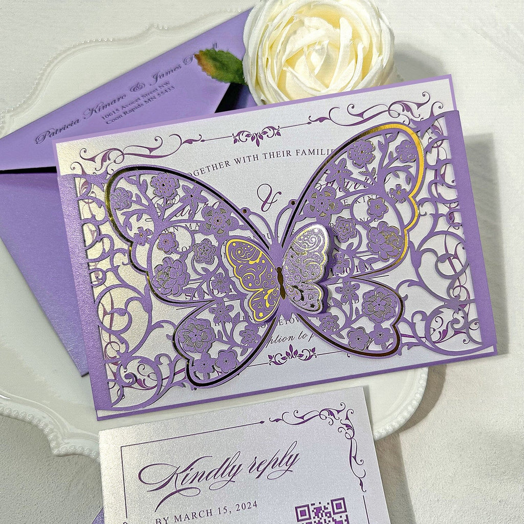 Romantic Lavender and Gold Butterfly Wedding Invitations, Elegant 3D Purple Floral Butterflies Pocket Invites, Personalized QR Code RSVP Wedding Ceremony Supplies Picky Bride 