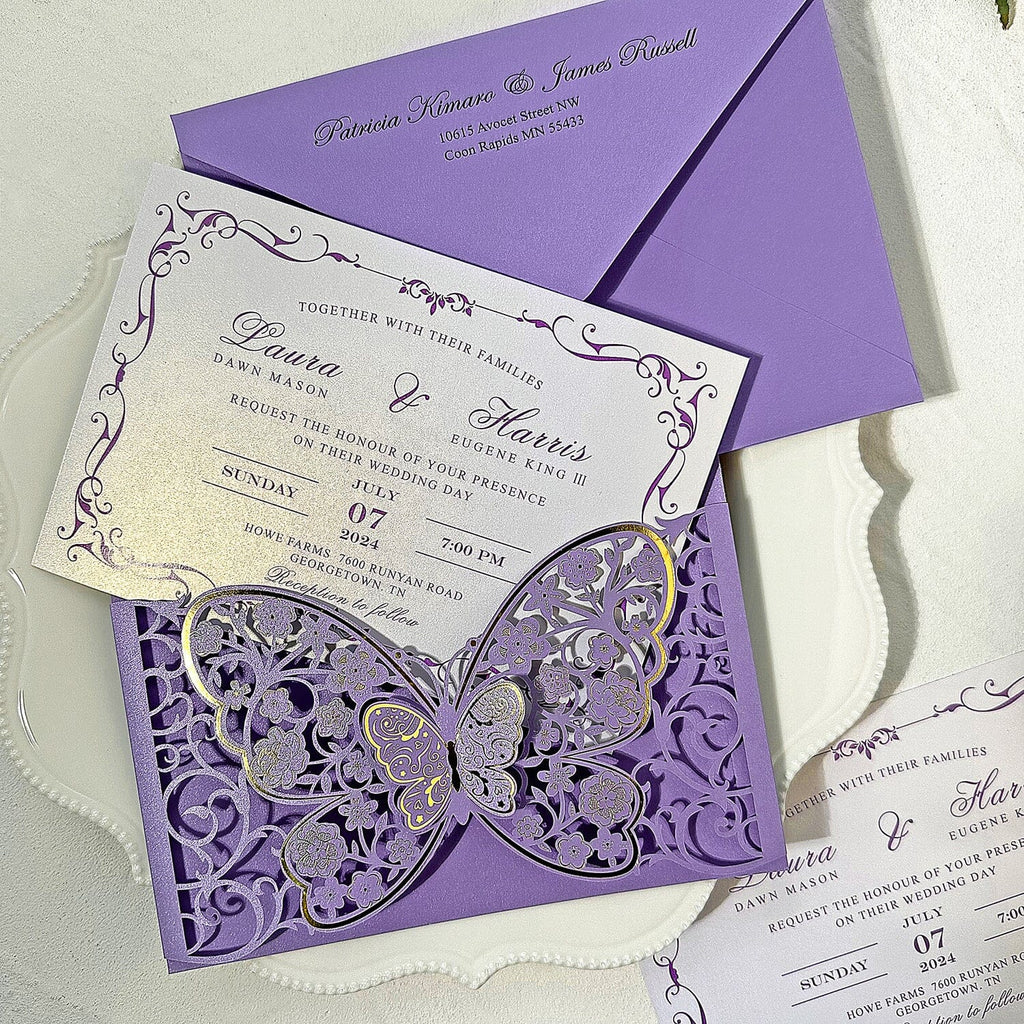 Romantic Lavender and Gold Butterfly Wedding Invitations, Elegant 3D Purple Floral Butterflies Pocket Invites, Personalized QR Code RSVP Wedding Ceremony Supplies Picky Bride 