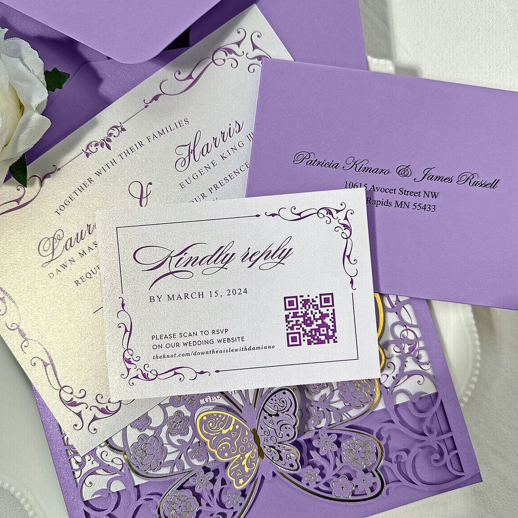 Romantic Lavender and Gold Butterfly Wedding Invitations, Elegant 3D Purple Floral Butterflies Pocket Invites, Personalized QR Code RSVP Wedding Ceremony Supplies Picky Bride 