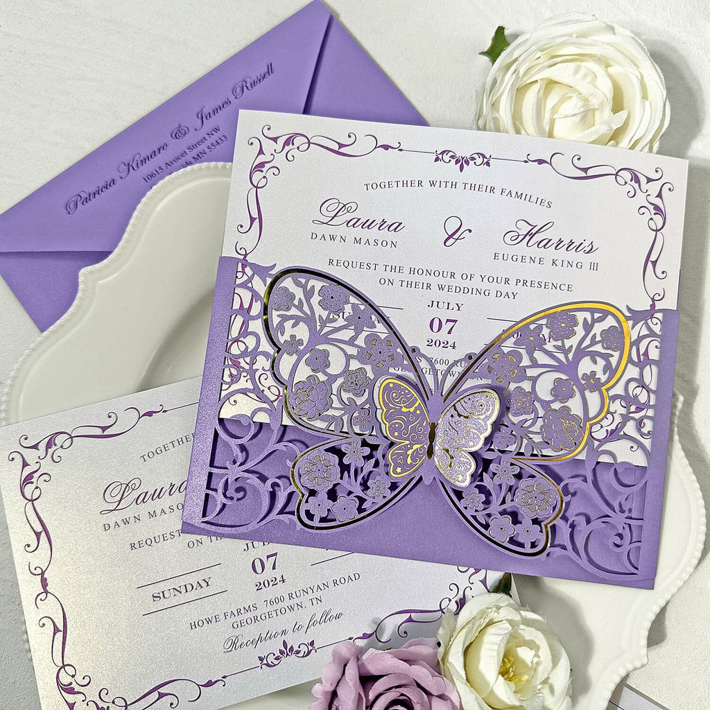 Romantic Lavender and Gold Butterfly Wedding Invitations, Elegant 3D Purple Floral Butterflies Pocket Invites, Personalized QR Code RSVP Wedding Ceremony Supplies Picky Bride 