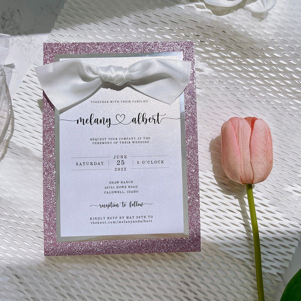 Romantic Pink Glitter Wedding Invitation, Luxury three layers Blush and Silver Invites with Gold Foil Boxes, Classic Minimalist Design with Ribbon Bow Wedding Ceremony Supplies Picky Bride 